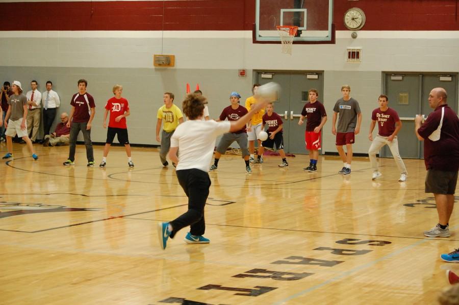 Students play dodgeball during the Spartanfest assembly.