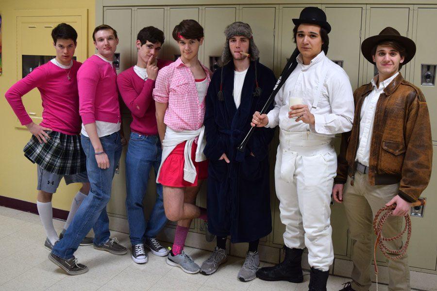 Left to right: Danny Cogan, Ben Kinnison, Tony Luebbert, Rob Distelrath, Drew Brown, Luis Mejia Ahrens and John Cary dress up as a wide array of  movie characters.