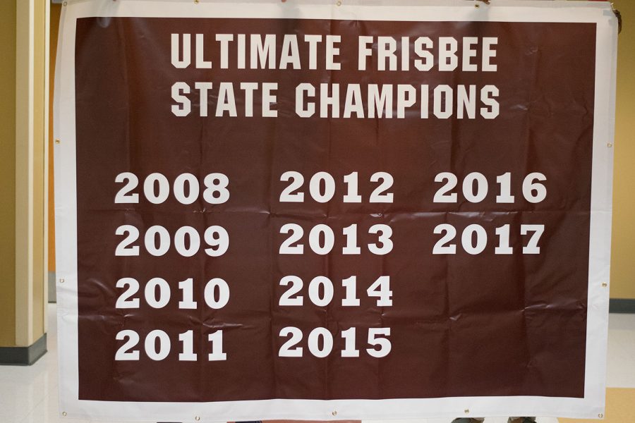 All ten years of winning state shown on the new ultimate Frisbee banner, with extra room for more.
