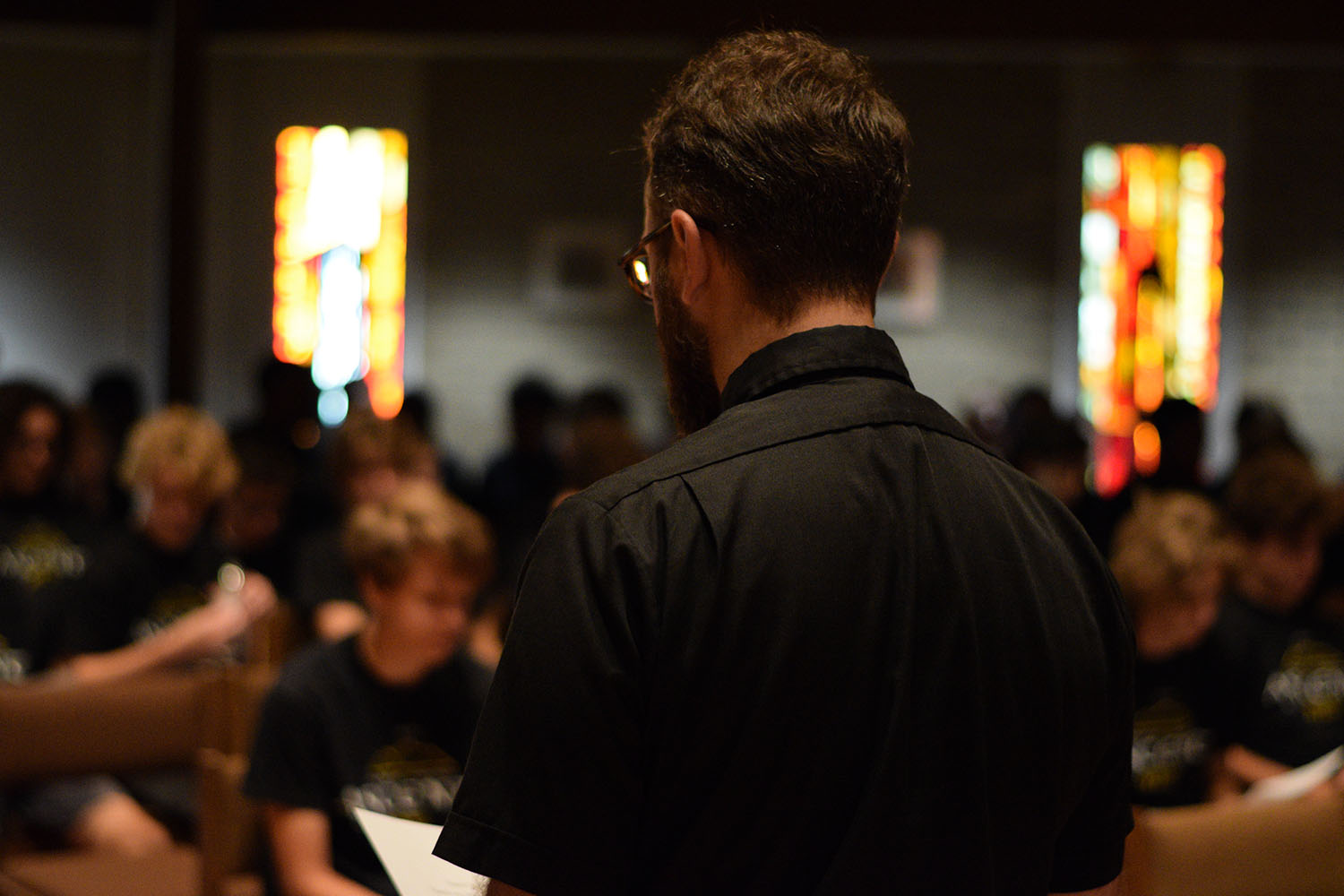 Fr. Chris Schroeder, S.J. addresses the sophomores in the chapel before they embarked on Ascent Sept. 17.