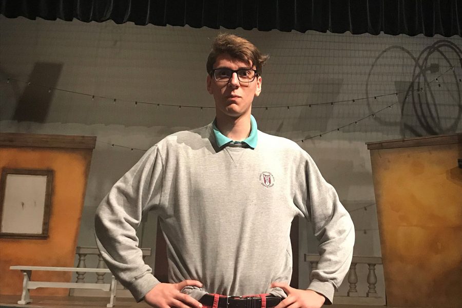 Senior Jack Trusler in character as Larry Stovewader, a professional warm body. He creates characters in his Advanced Acting and Directing class.