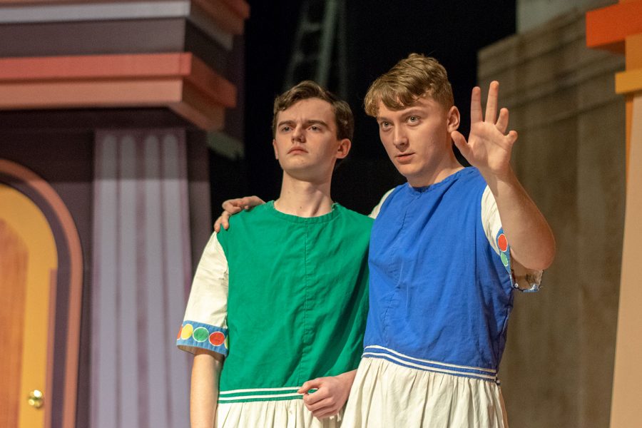 Sophomore Ryan Hughes and senior Camden Brazile rehearse a scene for the upcoming musical A Funny Thing Happened on the Way to the Forum.
