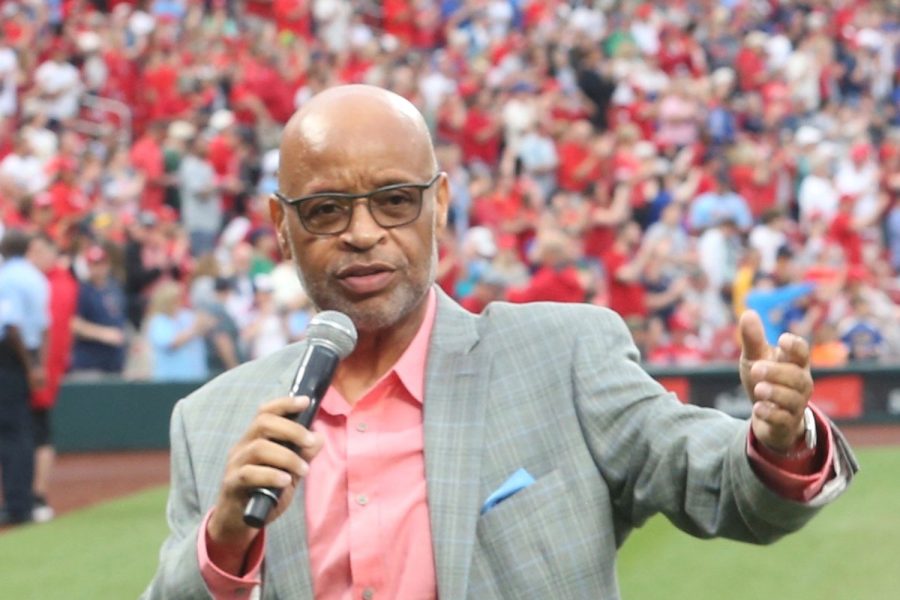 Mike Claiborne addresses the crowd at Busch Stadium during a Cardinal game. 