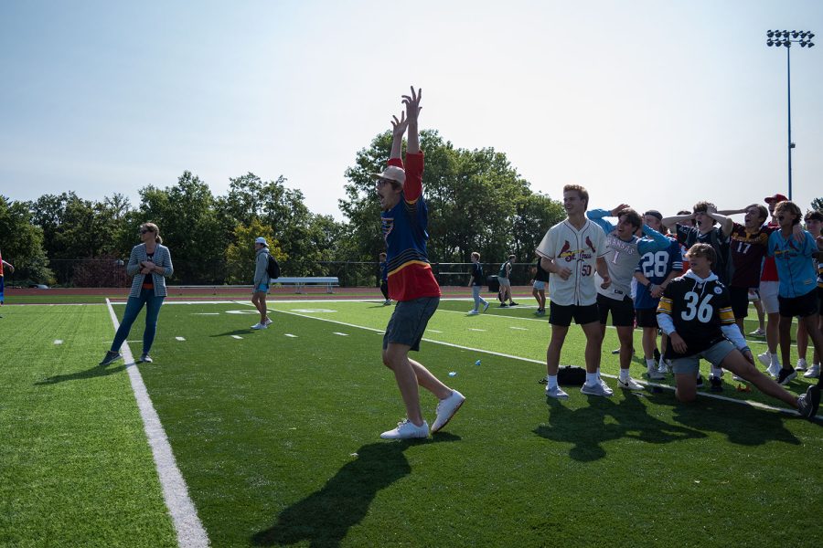 Jacob Bosche 23 celebrates kicking a field goal in the Spartanfest competition during activity period. Spartanfest is one of many activities this year designed to return the school back to pre-pandemic status.