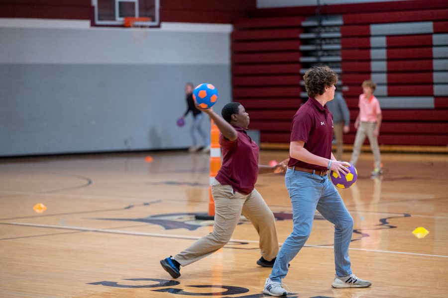 Junior Donovan Scott and Sophomore Nico Putman throw a dodgeball in the dodgeball house competition for Gonzaga House. 