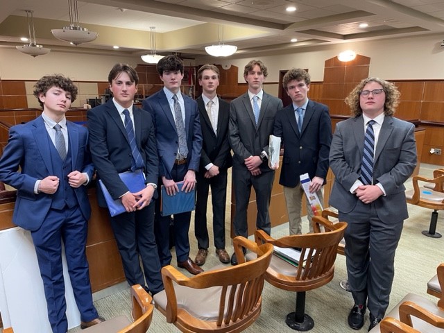 (From left to right) Jack Gaffney 26, Evan Scanlon 23, Jack OLeary 24, Hudson Miller 24, Anthony Mercurio 24, Billy Brady 24, and Dylan Moore 24 at the mock trial state competition.