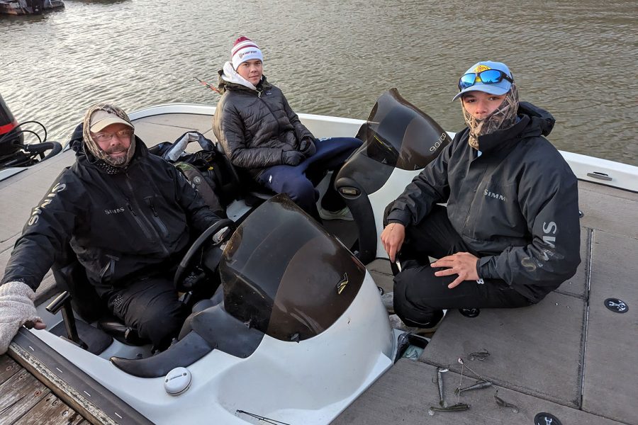 Boat captain Jeff Geiser, Danny Swallow 24, and Mitch Geiser 23 bundle up as they prepare to launch in single digit wind chills April 1 at the Lake of the Ozarks. They would go on to win the TBF Student Angler Federation state tournamnent.