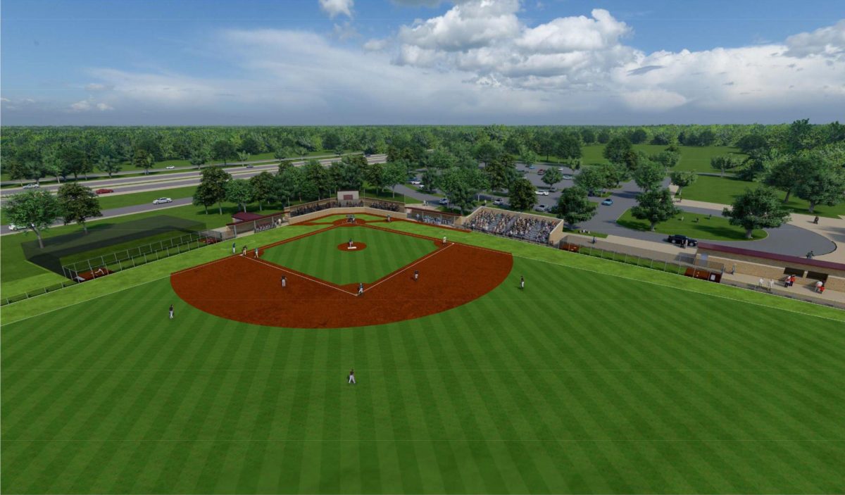 The baseball field will have full artificial turf, additional spectator seating, new batting cages, and new restrooms and concessions. The turf on the infield is scheduled to be completed by the start of the baseball season. Photo courtesy of Hastings + Chivetta Architects, Inc.