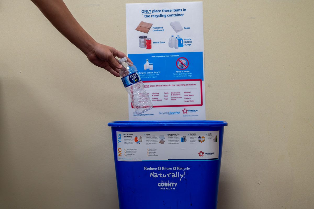 Green team rolls out a new recycling plan including posters and stickers for every recycling bin.