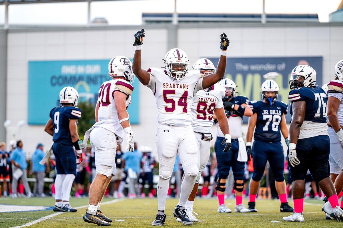 Quincy Bias '25 celebrates after sacking SLUH's quarterback on September 13th 2024 at SLUH.