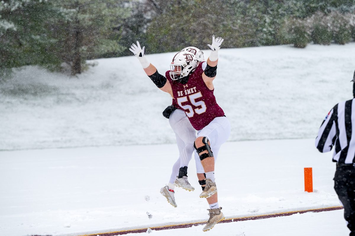 Mike Cunningham '25 rejoices after a touchdown on Saturday November 30, 2024 vs Liberty Kansas City.