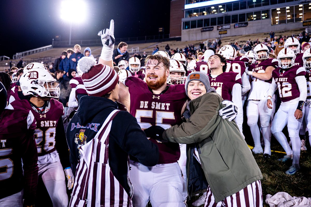 Mike Cunningham '25 celebrates with De Smet student section after the state championship game vs Nixa on Friday December 6, 2024 at Mizzou. 