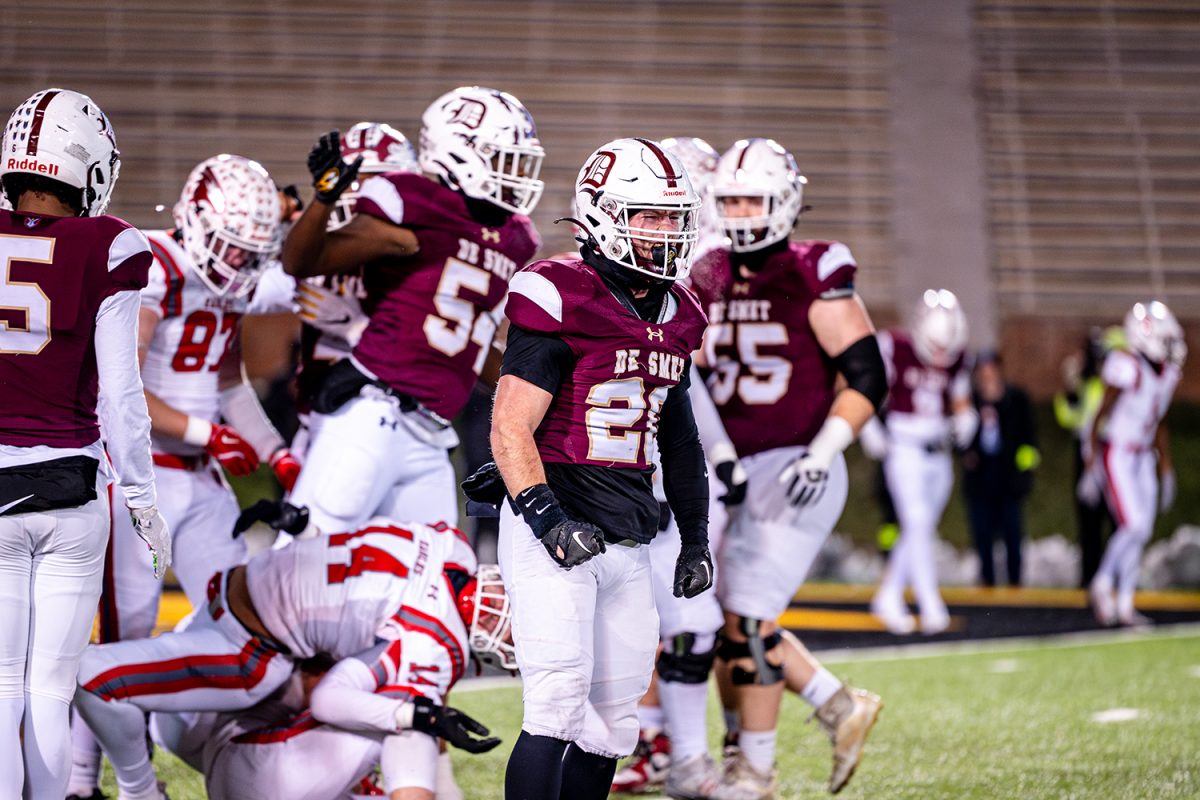 Defensive Lineman Caynen Patterson '25 celebrates after defensive line holds Nixa's Offense from scoring touchdown  in the class 6 state championship on Friday December 6, 2024 at Mizzou.