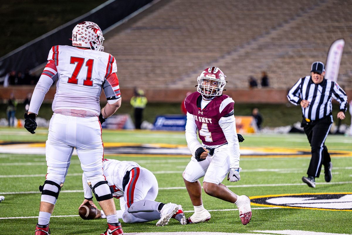 Jason King '25 celebrates after a tackle in the class 6 state championship on Friday December 6, 2024 at Mizzou.