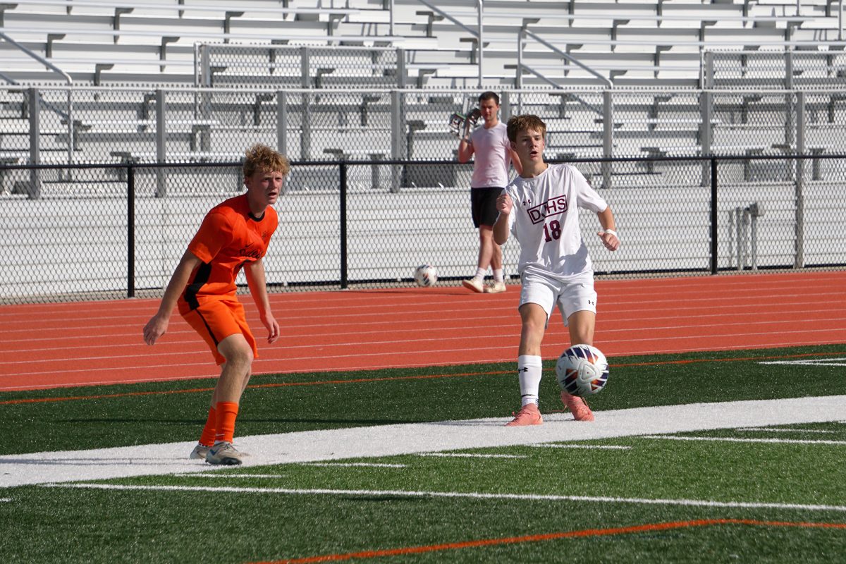 Keegan Hunady prepares to pass the ball to a teammate during the Soccer Jamboree on Friday, August 22.