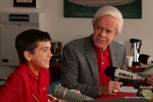 Jack Buck (William H. Macy) interviews John O'Leary (James McCracken) on John O'Leary day at the Cardinals game in the movie Soul on Fire set to released in theaters on Oct. 10. Photo courtesy of AFFIRM Films, LLC.