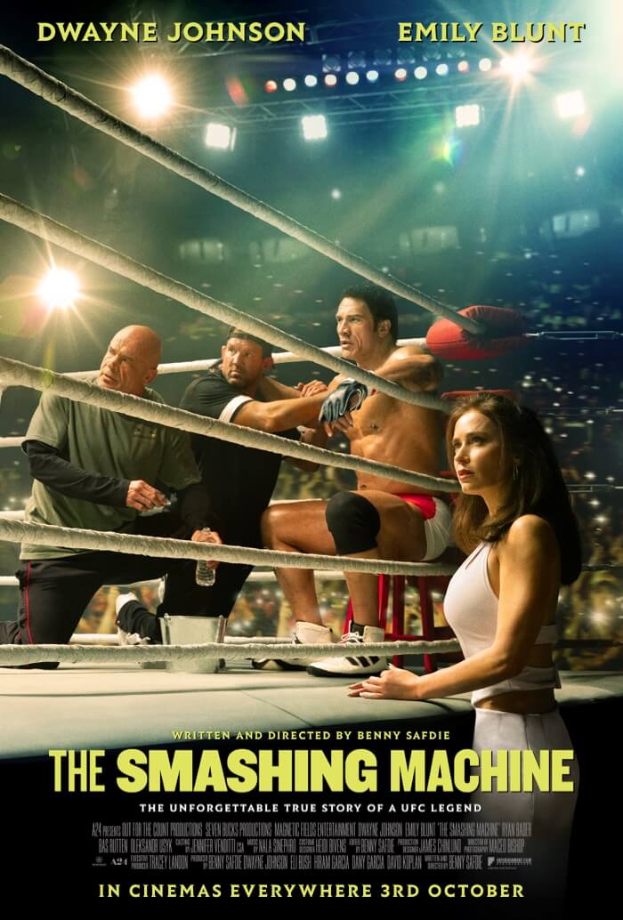 Despite the Rock going all out in his role as Mark Kerr in 'The Smashing Machine', he and director Benny Safdie disappoint in this autobiography of a UFC pioneer and Legend. Poster via Seven Bucks Productions.